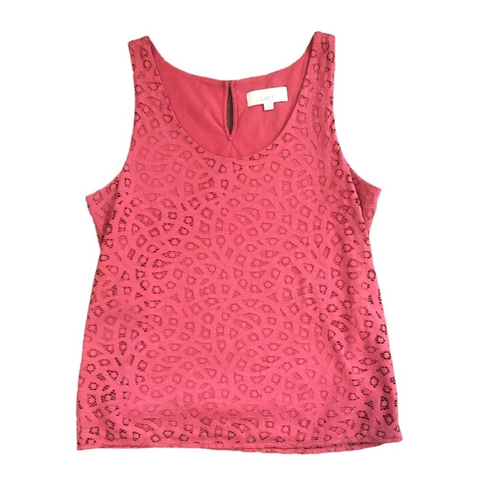 LOFT Pink Lace Overlay Rounded Neckline Sleeveless Top Medium